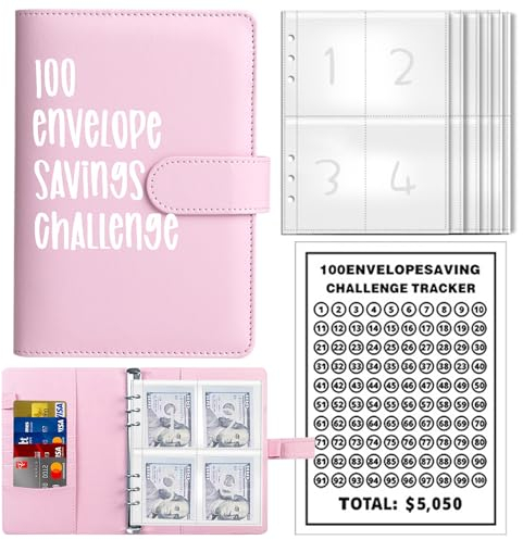 100 Briefumschläge Challenge Binder, Cash Binder mit Umschlag, Sparen Challenge Binder, Geldsparumschlag für Schule, Zuhause