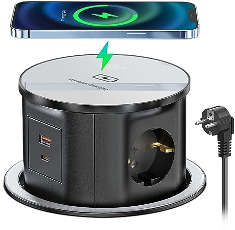 Multipresa da Scrivania a Scomparsa con 15W Ricarica Wireless, Presa a Scomparsa con USB C PD 20W, Presa da Incasso per cucina, cavo da 2 m