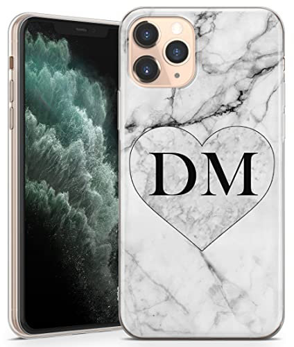 TULLUN Personalised Phone Case for iPhone 15 Pro - Clear Soft Gel Custom Cover Grey Black Marble Individual Style Initials Name Text - Initials in Heart