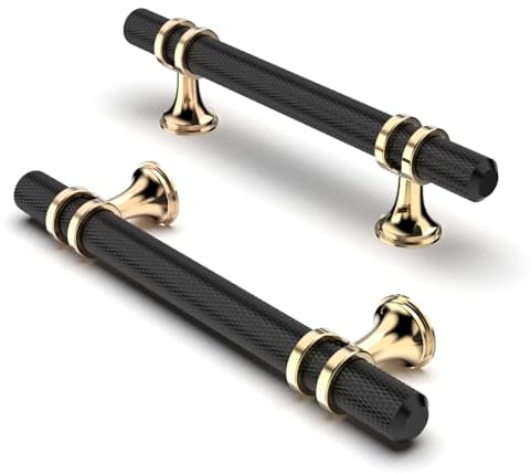 FURNIWARE Pack of 10 Cabinet Handles, Knurled Cabinet Pulls Hardware Drawer Pulls, Kitchen Cabinet Door Handles Pull, 96mm(3.8 Inch) Hole Center Gold + Black