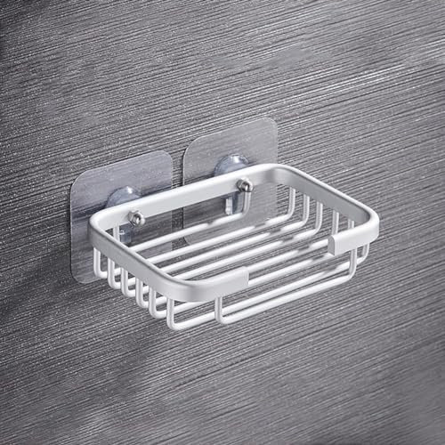 Porte-savon en métal à forte ventouse, support mural autocollant, pour salle de bain, douche, baignoire (argent mat)