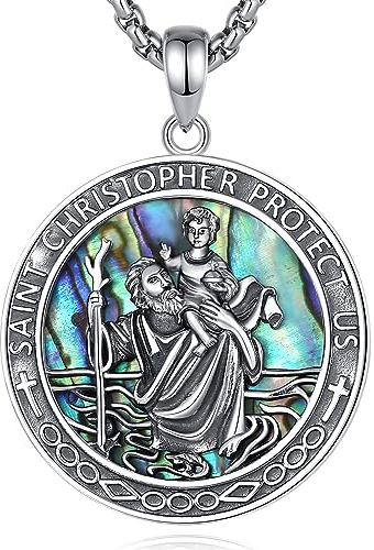 EUDORA Heiliger Christophorus Mit Abalone Muschel Kette Medaille für Damen Herren Sterling Silber 925, Christophorus Anhänger Amulett Halskette Christlicher Schmuck, Geschenke für Frauen, 20Zoll
