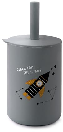 TYRY.HU Tasses avec Paille Nom Personnalisé Enfant Silicone Gobelet d'entraînement pour Bébé Dinky Cup et Tout-petit Tasse Apprentissage Gris