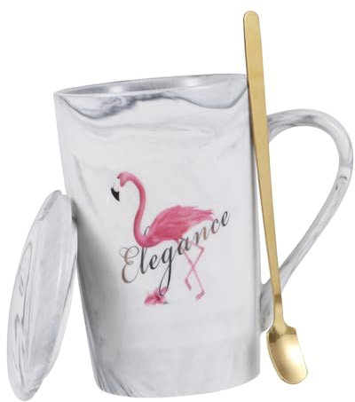 PRETYZOOM 1ensemble Tasse Marbrée Avec Motif Flamant Rose Couvercle Et Cuillère Dorée Mug Créatif Pour Boissons Chaudes Design Élégant Et Unique