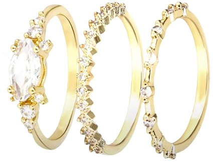 Ruzister 14 Karat vergoldet, Zierliche Goldringe für Damen, stapelbarer Ring für Mädchen, Größe 7, Zirkonia-Goldring-Set, Eheringe für Damen, ästhetischer Schmuck