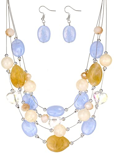 FULU AUTUMN Chunky Statement Kette Damen Mehrreihige Perlenkette und Ohrringe Modeschmuck Set für Frauen Mama Frau Oma Muttertags Geschenk(1-Light blue colorful)