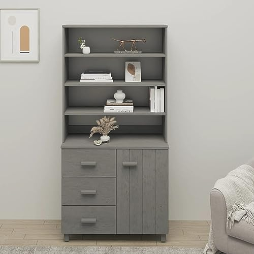 ARKEM Aparador HAMAR Madera de Pino Maciza Gris Claro Mueble Cocina almacenaje Mueble Auxiliar de Cocina Muebles de Comedor