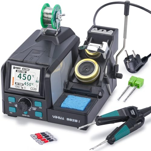 YIHUA 982D-I Stazione Saldante con pinzette calde di precisione con 4 punte da saldatura, filo di saldatura senza piombo, Maniglia compatibile con YIHUA 716C, calibrazione automatica della temperatura