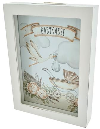 WB wohn trends Spardose Geldgeschenk, Baby-Kasse Storch, 19,5x14,5x3cm, Holz weiß, im Bilderrahmen
