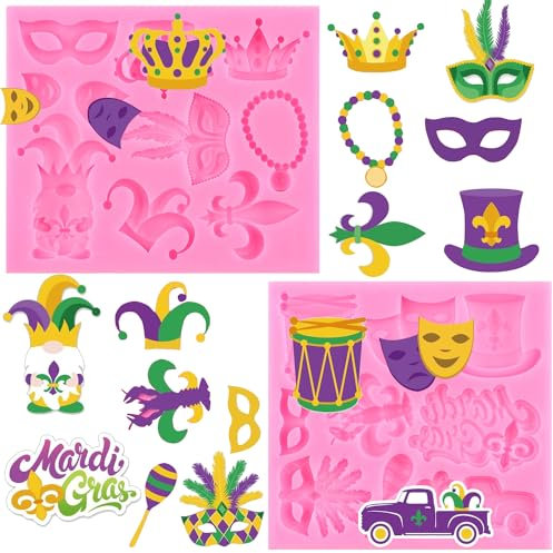 RFGHAC Lot de 2 moules en silicone pour décoration de gâteau de Mardi Gras, masque de mascarade, masque de fleur de lys et plumes de lys pour décoration de gâteaux en sucre, pâte à sucre
