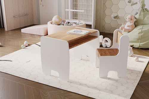 KOBI Ensemble Table + 2 chaises pour Chambre d'enfant | pour Enfants - Filles et garçons | Tableau de Peinture | Table des Enfants (Table + 1 Chaise - Blanc/chêne doré)