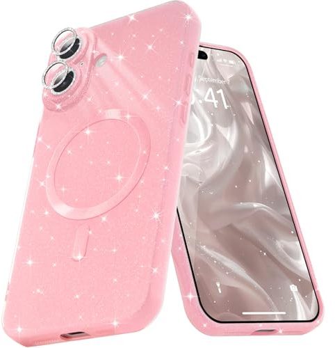 Micoden Magnetisch Glitzer Hülle für iPhone 16 Diamond Kameraschutz | Diamant Kamera Schutzfolie, kompatibel mit MagSafe, Dünne Silikon TPU Handyhülle Mädchen Stoßfeste Schutzhülle, Rosa