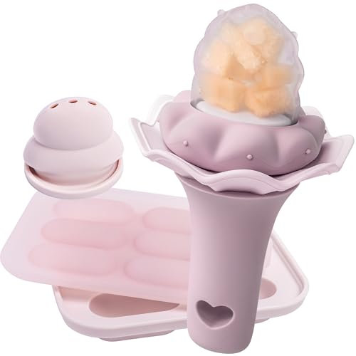 Moonkie Fruchtsauger Baby mit Gefrierschrank Tablett, BPA-Frei Silikon Fruchtschnuller mit Zwei Größen Beutel, 4 Monate+ Zahnungshilfe, Geschenk zur Babyparty, 1 Stück(Blass-Mauve)