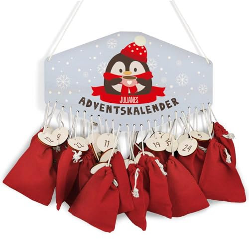 GRAVURZEILE Adventskalender aus Holz - Wintertiere - Personalisiert mit Namen - DIY Adventskalender für Kinder - Optional mit Leinensäckchen - Weihnachtsdeko für Kinderzimmer - Farbe: Pinguin