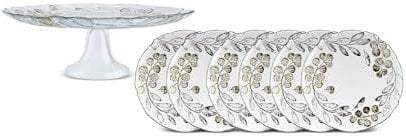 KARACA Dessert Plates and Cake Stand Set for 6 - Elegant & Stylish Large Side Plates for Afternoon Tea Party - Glass, Round & Eucalyptus Pattern - Ideal for Serving Appetizer or Salad (7 Pieces)