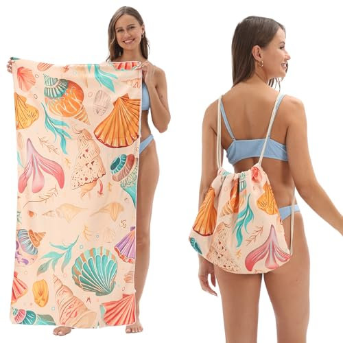 Gogola Strandtuch 80x160cm mit Rucksack-Funktion, Ultraweiches Mikrofaser Handtuch mit Meeresmotiven,Strandhandtuch, Hamamtuch, Saunahandtuch Perfekt für Strand, Pool, Sauna(Muscheln)
