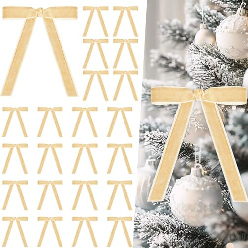 Miaikoe 24 Stück Samt Bögen für Weihnachtsbaum Rustikale Samt Weihnachtsornamente Rustikale Bögen für Tür Girande Kranz Geschenk Party Dekoration (Breite von 2,5 cm, Beige)