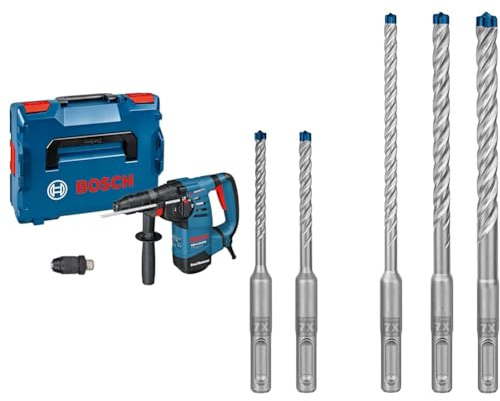 Bosch Professional Bohrhammer GBH 3-28 DRE (inkl. Schnellspannfutter 13mm, Wechselfutter SDS-plus, Tiefenanschlag 210mm) + 5x Expert SDS plus-7X Hammerbohrer Set (für Stahlbeton, Ø 5-10 mm)