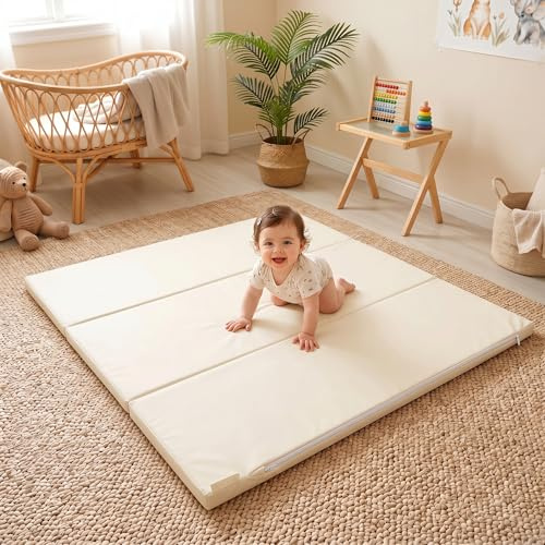 Jinrobabes Spielmatte Baby Faltbar, Beidseitige PU-Oberfläche 100% Wasserdichtes, 127 x 127 cm, 3 CM Dick, Hochelastischer Schaumstoff, Ideal als Babygeschenk (Elfenbeinweiß, 127x127cm)
