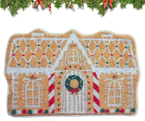 Yuemeuy Weihnachten Fußmatte Lebkuchenhaus | 60x40x1cm Schmutzfangmatte Weihnachtsdesign Innen Kaschmirimitat Weihnachtsteppich | Weihnachts Deko Bodenmatte Für Flur, Terrasse, Eingangsbereich
