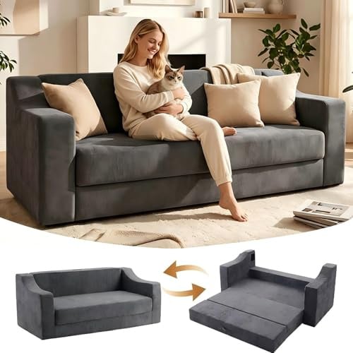 Couch Schlafsofa mit Schlaffunktion Klappsofa: 2 Sitzer Boneless Schwamm Bodensofa mit Armlehnen Bettsofa für Gäste Übernachtung Wohnzimmer Schlafzimmer Wohnung Balkon