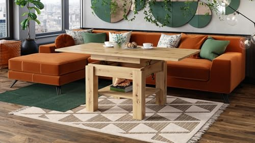 designimpex Cleo Couchtisch aufklappbar höhenverstellbar 75/150 cm in Eiche Artisan modern Ablage Wohnzimmertisch Esstisch Beistelltisch Sofatisch Couch Tisch Living Room Table Wohnzimmer