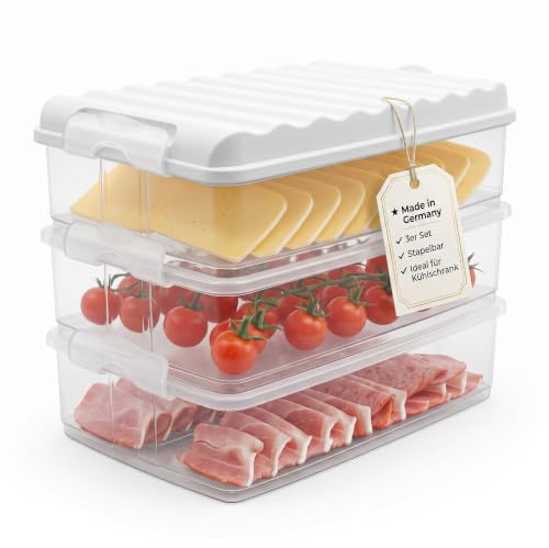BigDean Aufschnittboxen 3x 2,5l mit Deckel 6 teilig | Made in Germany Kühlschrank Organizer, stapelbare Aufschnittdosen, Wurstdosen Käsedosen Set mit Deckel