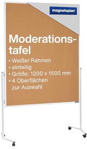 magnetoplan Moderationstafel einteilig, Kork | Doppelseitig BxH 1200x1500mm | Aluminiumrahmen Weiß | Mobile Präsentationstafel | Mit 4 Lenkrollen & stabilem Stahlgestell | Für Büro & Schulung