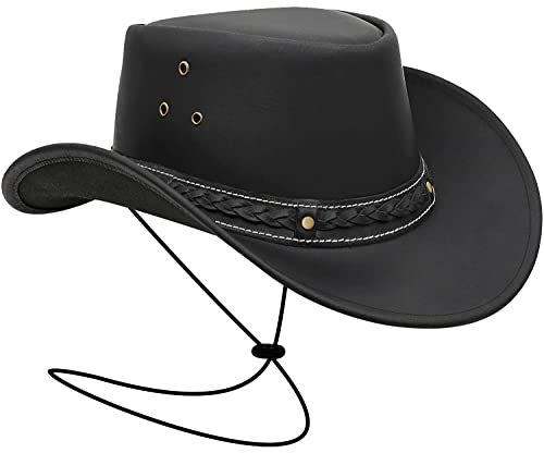 BRANDSLOCK Cowboy Hat Women Men Real Leather Western Style Wide Brim Cowgirl Hat Shapeable Lightweight Handcrafted Durable Bush Hat Black