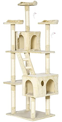 PawHut Rascador Árbol para Gatos Grande 60x49x180 cm con Poste de Arañar Múltiples Plataformas Escaleras Cuevas Juguetes Centro de Actividades Beige