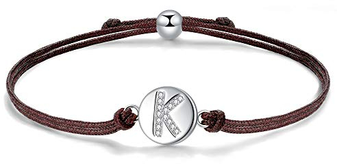 J.Endéar Kordelarmband mit Buchstabe K für Damen Silber 925, Zirkonia Armband Mädchen, Verstellbares Armband Jungen Schmuck