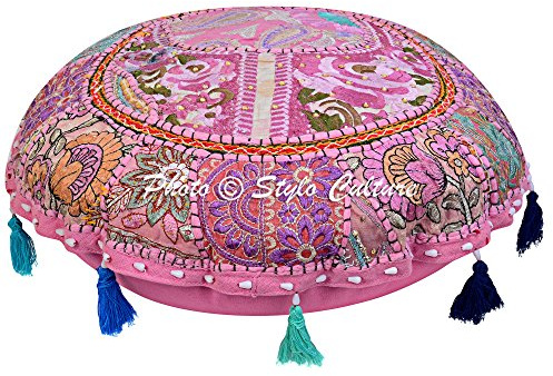 Stylo Culture Ethnisch Rund Bodenkissenbezug Boho 55 x 55 cm Dekorativ Bodensitzkissen Vintage Baby Pink Bohemien Patchwork Sitzsack Bodenkissen Baumwolle Bestickt Bodenkissen Kinder Rund