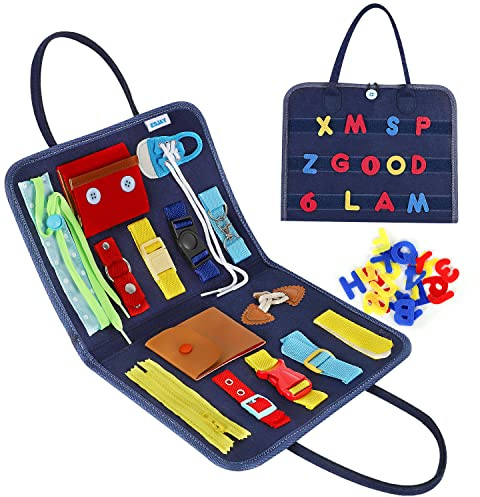 Esjay Toddler Busy Board, Sensory Board for Fine Motor Skill, Montessori Toys Educational Learning Toddler Activities for 3+ Year Old, Travel Car Airplane Toys Gifts for Boys Girls,Blue Alphabet