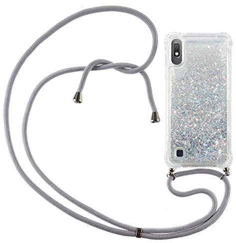 Handyband Handyhülle für Samsung Galaxy A10, CaseLover Glitzer Flüssig Bewegende Treibsand Transparent Silikon Case mit Kordel zum Umhängen Necklace Phone Hülle mit Band für Samsung Galaxy A10, Argent