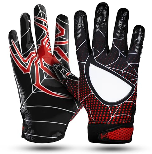 TAQCHA Football Gloves - Tacky Grip, Skin Tight Adult Receiver Gloves - Youth Football Gloves Pro Elite Super Sticky Performance (Spider Black, Adult Large)