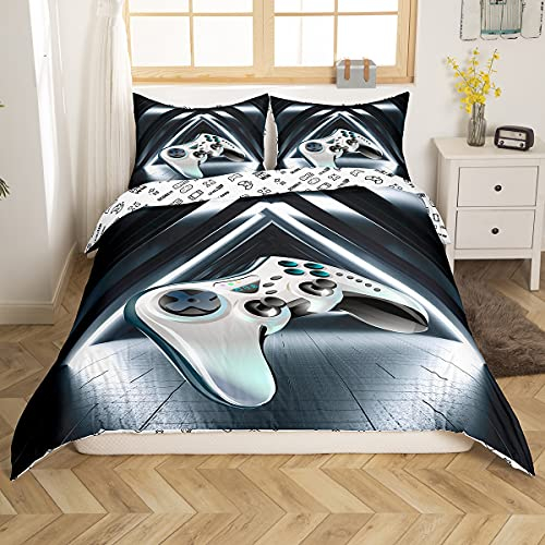 Tbrand Gamepad Betten Set für Spieler Kinder Jungen Videospiel Gamepad Bettbezug Set Mädchen Teen Modern Game Controller Bettwäsche Set 135x200cm Neuheit Action Buttons Dekor Grau Weiß