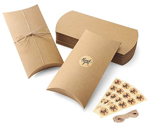 Eupako 6.3x3.7x1 Kraft Pillow Boxes 50 Pack Large Pillow Gift Box Brown Paper Candy Favor Boxes with Twines for Wedding Party