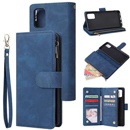 QLTYPRI Hülle für Samsung Galaxy A51, Premium Leder Handyhülle mit Große Kapazität 6 Kartenfach & 1 Reißverschluss Tasche Ständer Schutzhülle für Samsung Galaxy A51 - Blau