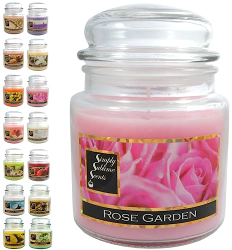 SIMPLY SUBLIME SCENTS - Luxury Scented Candle - Exceptional Fragrance Oil - Medium Glass Jar, Up to 76 Hours - Clever Wax Formula for a Long, Clean and Even Burn - Rose Garden - Cotton Wick