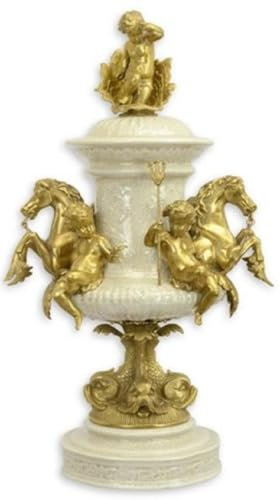 Casa Padrino Barock Deko Vase mit Deckel Cremefarben/Gold 35,1 x 23,8 x H. 61,2 cm - Prunkvolle Porzellan Blumenvase mit dekorativen Bronzefiguren - Deko Accessoires im Barockstil