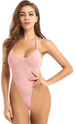 Oyolan Body String Sexy Femme Dentelle Micro Bikini Ficelle Dos Nu Lingerie Erotique Body Col V Décolleté Plongeant Monokini Maillot de Bain Type B Rose Clair Taille Unique