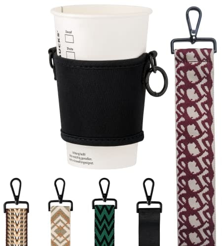 80 Oak Cupholder NEU. Tasche für Kaffeebecher und Flasche zum Umhängen. Ideal für Becher und Trinkflaschen aller Art (Schwarz, Muster Rot)