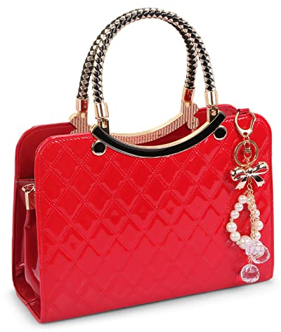 DIRRONA Damenhandtasche Mit Rautensteppmuster Und Elegantem Perlenanhänger – Mittelgroße Schultertasche Und Umhängetasche Damen Aus PU-Leder Für Hochzeit, Party, Büro, AlltagLeuchtendes Rot