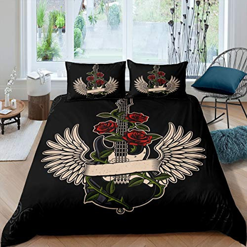 Guitar Bedding Set for Girls Boys Red Rose Floral Comforter Cover Rock Music Duvet Cover Retro Vintage Bedspread Cover King Size 3Pcs