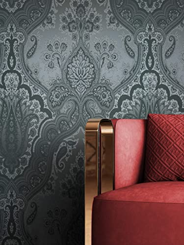 NEWROOM Tapete Schwarz Vliestapete Leicht Glänzend - Barocktapete Barock Silber Ornament Prunk Glamour inkl. Tapezier-Ratgeber