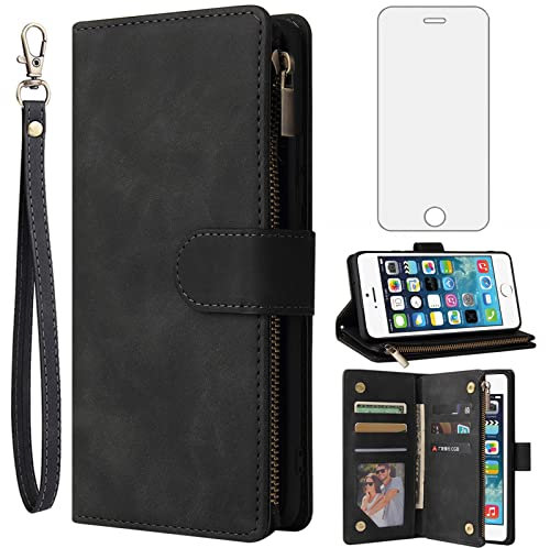 Asuwish Mobile Phone Case for iPhone 5S/5/SE 2016 Case with Screen Protector and Card Slot Foldable Leather Wallet Stand Zip i 5SE 1 S SE2016 1st Generation Protective Phone Case Black