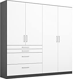 Rauch Möbel Harburg Schrank Kleiderschrank Drehtürenschrank Weiß/Graumetallic, Schwarz, 4-türig mit 4 Schubladen inklusive Zubehörpaket Basic 3 Einlegeböden, 1 Kleiderstange BxHxT 181x197x54 cm