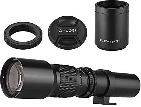 Andoer 500mm/1000mm Teleobiettivo per fotocamera ad alta potenza Messa a fuoco manuale con 2X Convertitore Coperchio dell'obiettivo Protezione dell'obiettivo Borsa di trasporto per la fotografia