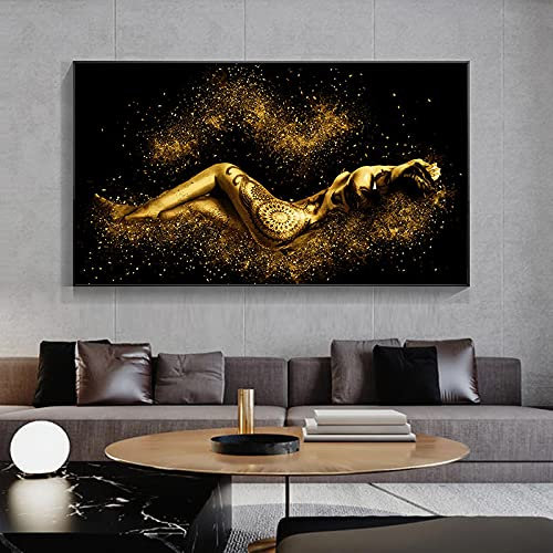 TITINGLUCK Gerahmtes Wandbild Schwarz und Gold Abstrakte Frauenkörper Figur Malerei auf Leinwand Poster und Drucke Bild für Wohnzimmer 40x80cm(16x31in) mit Rahmen