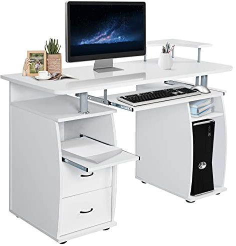 LIFEZEAL Computertisch mit Tastaturauszug und Druckerablage, Bürotisch Schreibtisch mit Schubladen und Stauraum, 120x55x85cm PC Tisch für Homeoffice Arbeitszimmer Büro (Weiß)